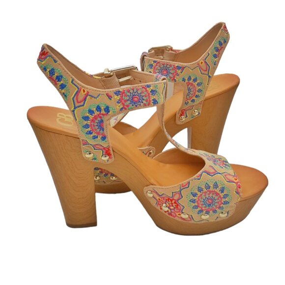 Gianni Bini Embroidered Mandala Faux Wood Clog Platform Sandals SZ 8.5 - Picture 8 of 16